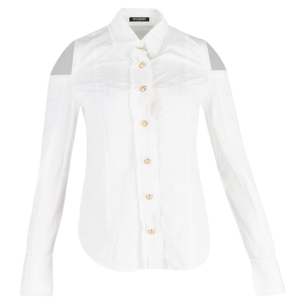 Balmain Cold Shoulder Buttoned Shirt in White Cotton